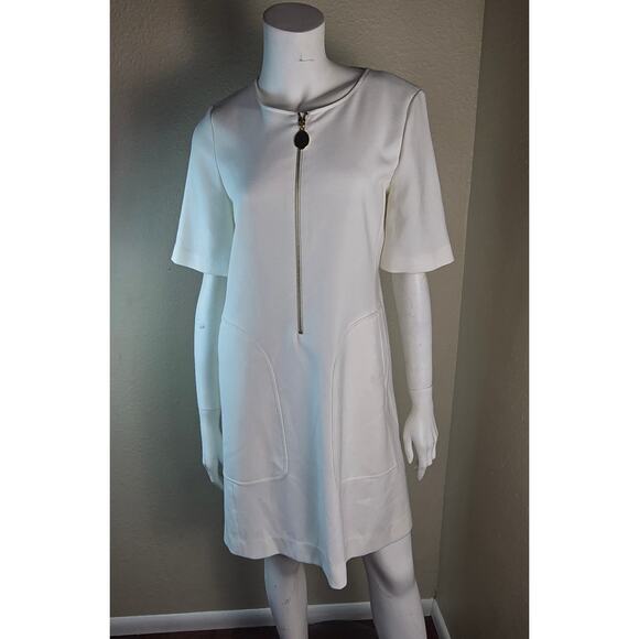 DKNY White Front Half Zip Elbow Length Short Sleeve Knee Length Dress NWT - 10 - Picture 4 of 7